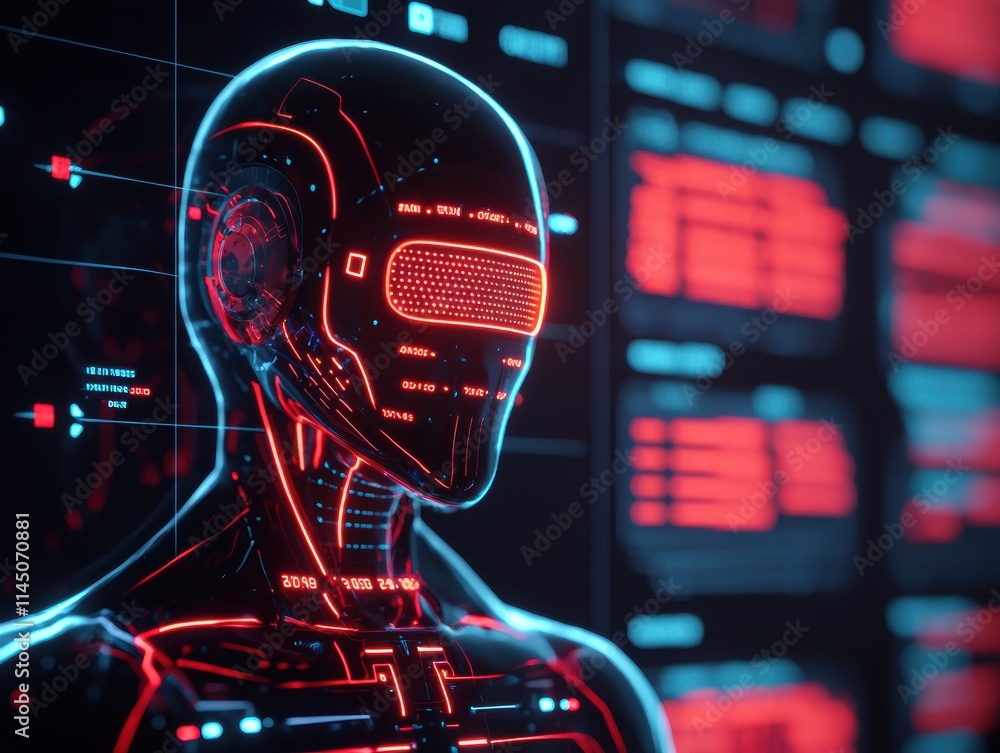 Aufkleber Futuristic robot analyzing data on digital display