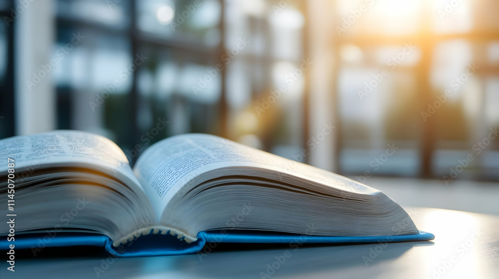 Poster open book lies on table near window with sunlight streams through glass, creating soft glow, emphasi