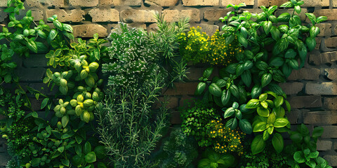 Herb and Flower Wall Planted on Brick Surface
