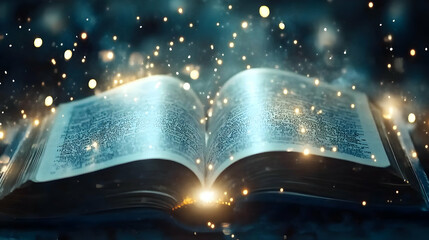 Open Book Emits a Magical Glow with Sparkling Particles and Golden Light Beams radiating Upwards, Literature and Knowledge Theme.