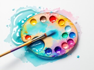 Vibrant watercolor palette surrounded by splashes of colorful paint creating a lively artistic atmosphere