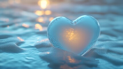 Glass heart with warm light inside on beach sand.