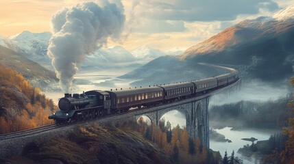 train puffing smoke, scenic valley, steam engine, countryside, landscape, travel, retro, mountains