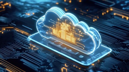 Abstract background of cloud infrastructure, data stream computing technology with a glowing cloud icon on a blue circuit board background