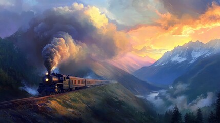 Fototapeta premium a train puffing smoke as it passes over a scenic valley, the locomotive chugging along the tracks with steam billowing into the air, the lush landscape below dotted with rolling hills and rivers, crea