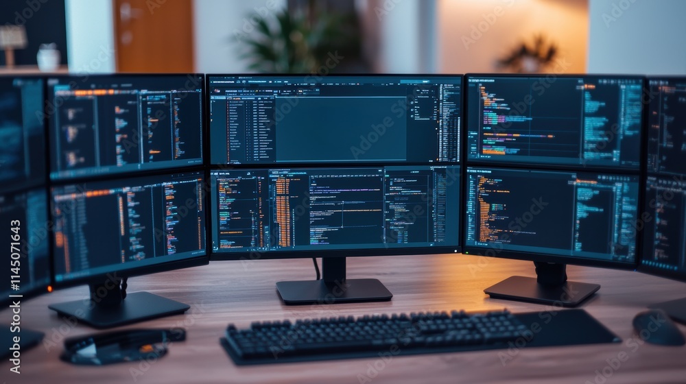 Aufkleber Modern workspace showing programming code on multiple monitors
