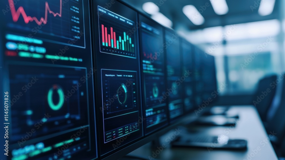 Poster Multiple monitors displaying financial charts and analytics in a modern office