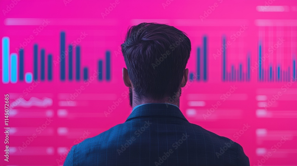 Poster businessman analyzing immersive data screen with charts and graphs