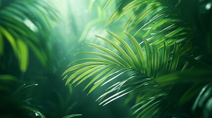 Lush green tropical foliage with sunlight filtering through leaves.