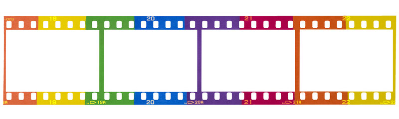 Colorful film strip with blank spaces in rainbow tones, ideal for creative projects, pride-themed visuals, and LGBTQ+ representation in photography and design. isolated png background.