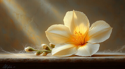 Single pale yellow flower illuminated by sunlight on a stone surface with unopened buds and spider silk.