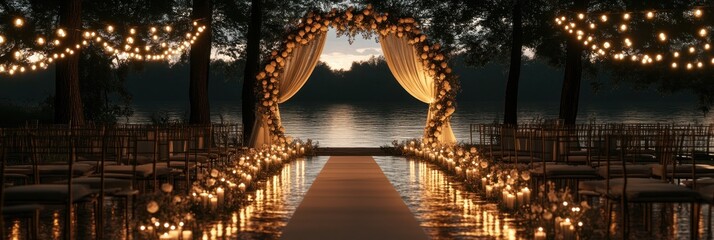 Romantic outdoor wedding ceremony setup with floral arch, candlelit aisle, and lake view.