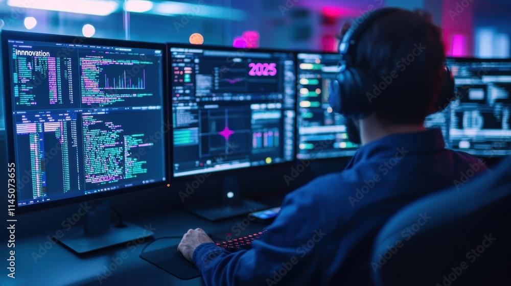 Fototapete Programmer working on multiple monitors with code and data visualization in neon lit workspace