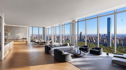 Luxurious Modern Apartment Interior with Panoramic City View Overlooking Central Park and Iconic Skyline in New York City, Bright and Airy Space Design