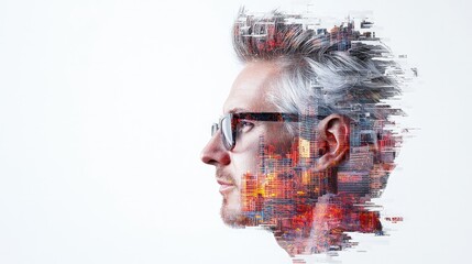 Man's profile with cityscape double exposure.