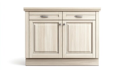 Light wood cabinet with two drawers and two doors.