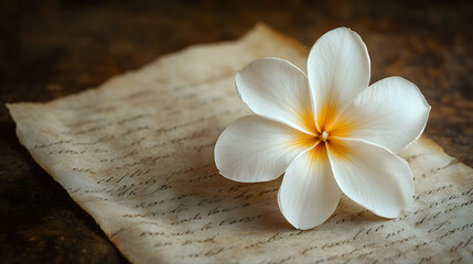 Naklejka premium Single white plumeria flower on antique letter.