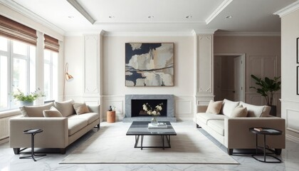 A contemporary townhouse living room with marble skirting boards, large abstract art, and minimalist furniture that creates an elegant ambiance