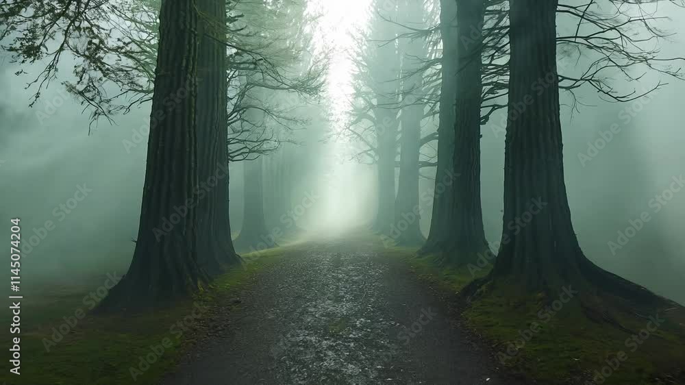 Poster the camera pans across a line of ancient cypress trees lining a misty path