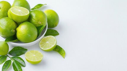 Fresh green limes and lime halves with green leaves in a white ceramic bowl on a white background, minimalistic and clean citrus presentation, isolated with copy space for text, vibrant tropical produ