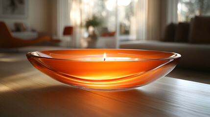 Lit orange candle in glass bowl on wooden table, blurred living room background.
