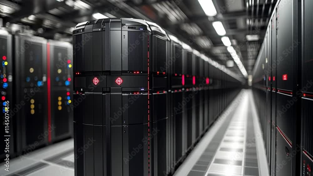 Poster advanced ai server technology in a high-tech data center illuminated with modern lighting