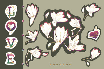 Magnolia sticker set featuring hand-drawn white flowers outlined with gold and pink accents. Includes floral elements, stylized "LOVE" typography, and decorative icons on a green-beige background.