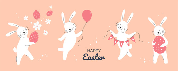 Easter Festive banner with Cute Bunnies, Easter Eggs and Flowers. Playful Bunny Rabbits. Holiday beautiful design for greeting card, poster, cover. Modern Vector  illustration