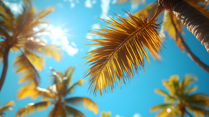 Low angle view of palm fronds against a bright blue sky.
