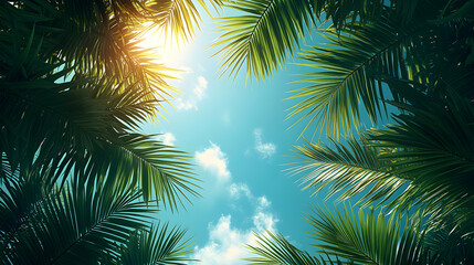 Low angle view of palm leaves against a bright blue sky.