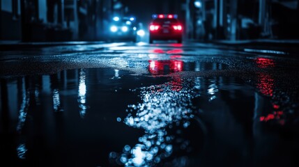 Noir cityscape with dramatic reflections of police car lights on wet urban street