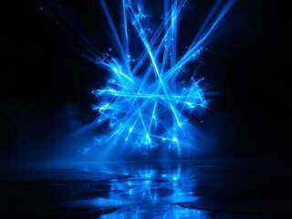 Glowing blue nebula with celestial light beams, evoking a mystical and ethereal cosmic scene.