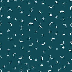 Star seamless pattern. Cute star and moon background. White pattern on sea green background.