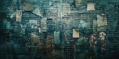 Obraz premium Brick Wall with Cityscape Graphic and Affixed Papers