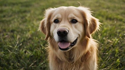 Fototapeta premium Close-up of a golden retriever dog sitting outdoors on green grass with a happy and relaxed expression