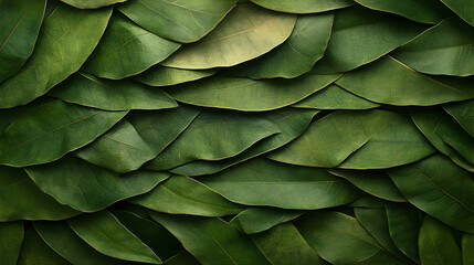 Obraz premium Lush green leaves arranged in overlapping pattern, forming a natural texture background.