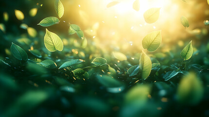 Lush green leaves falling in sunlight.