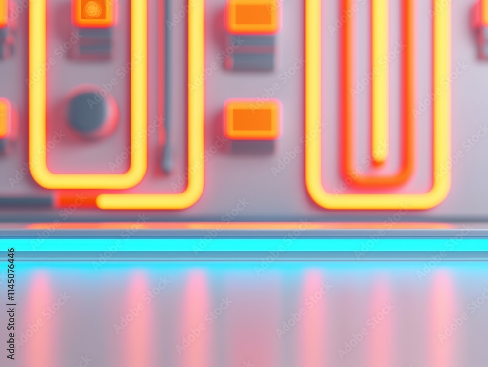 Poster Futuristic workspace with neon lights illuminating empty stage