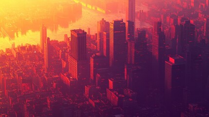 Obraz premium Aerial View of Urban Cityscape at Sunset with Glowing Skyscrapers and Calm River Reflections Illuminated by Vibrant Orange and Yellow Tones