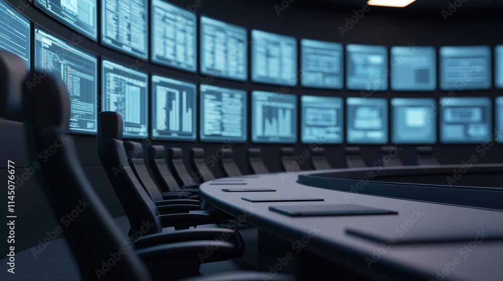 Poster Modern boardroom showing progress with charts displayed on multiple screens