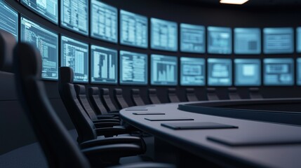 Fototapeta premium Modern boardroom showing progress with charts displayed on multiple screens