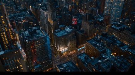 Aerial View of a Vibrant Night Cityscape with Illuminated Skyscrapers and Busy Streets in an Urban Metropolis Filled with Life and Activity