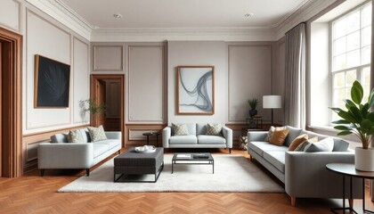 Fototapeta premium A townhouse living room with classic wooden skirting boards, plush carpets, and sleek modern furniture to add elegance and comfort