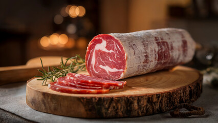 Sliced Capocollo on a Rustic Wooden Cutting Board with Rosemary