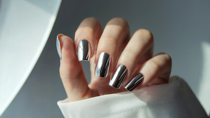 Single Hand with Chrome Nails Reflecting Light in Minimalist Setting