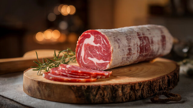 Sliced Capocollo on a Rustic Wooden Cutting Board with Rosemary