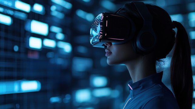 Software engineer wearing vr headset exploring immersive digital environment