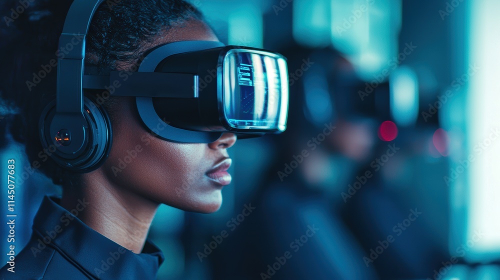 Poster engineer wearing vr headset exploring futuristic virtual reality interface