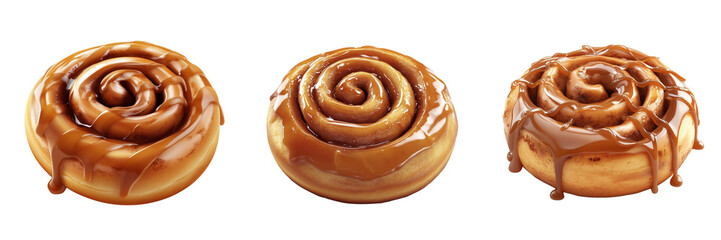 Fototapeta premium set of A 3D vector illustration of a delicious cinnamon roll with caramel drizzle , PNG format Transparent Background