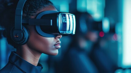 Engineer wearing vr headset exploring futuristic virtual reality interface